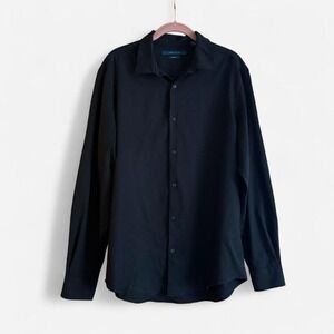 Perry Ellis button down up shirt stretch black minimalist preppy men's L